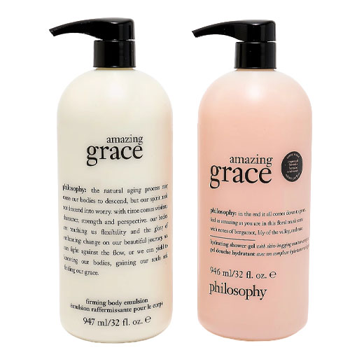 Two Philosophy Amazing Grace bottles: a 947 ml firming body emulsion and a 946 ml perfumed body lotion.