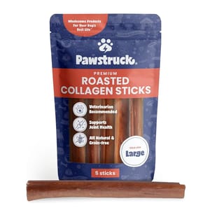 Pawstruck Premium Roasted Collagen Sticks for dogs, vet-recommended, support joint health, and are all-natural and grain-free. Package contains five large sticks.