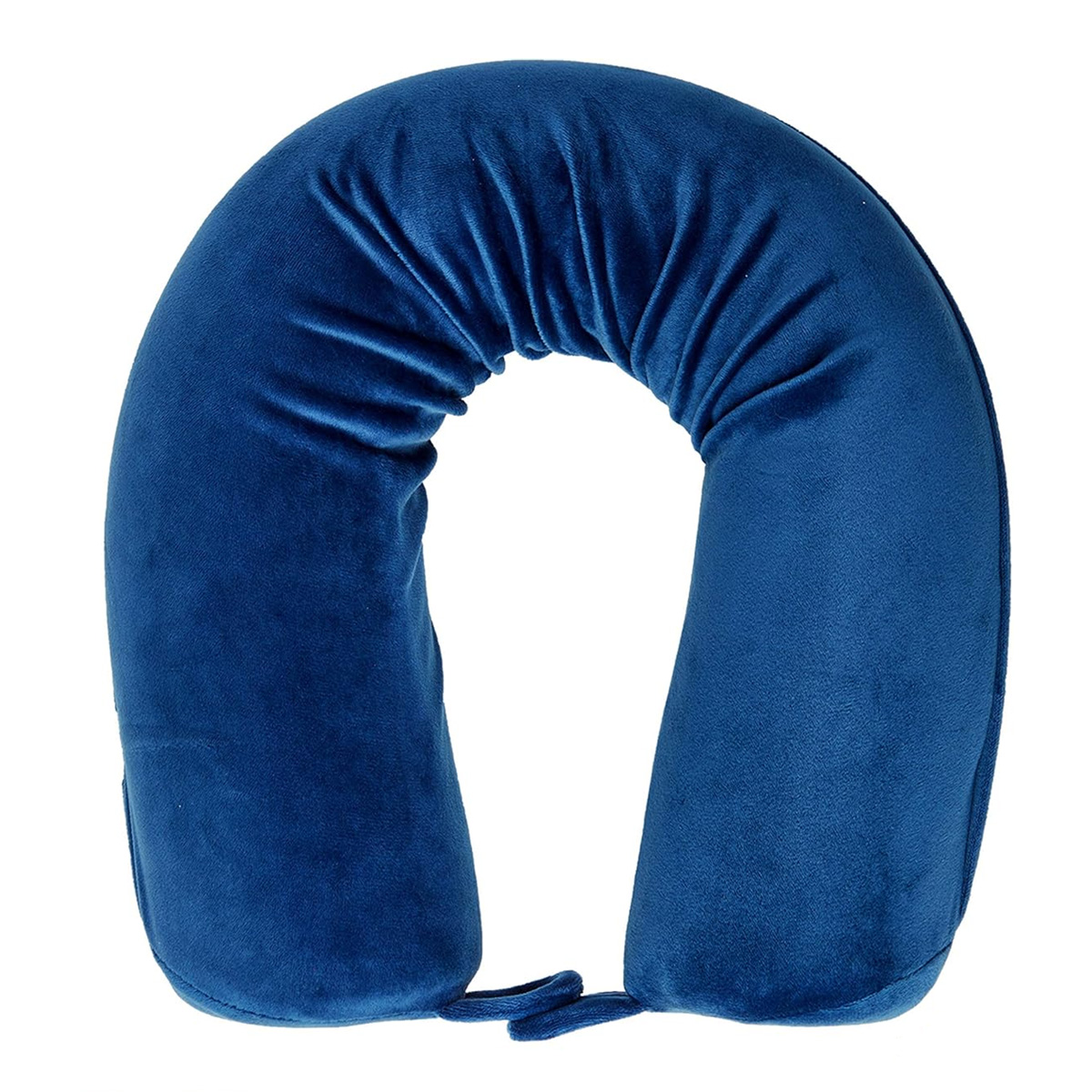 A pair of U-shaped, bendable travel pillows in blue velvet fabric, designed to support the neck during travel.