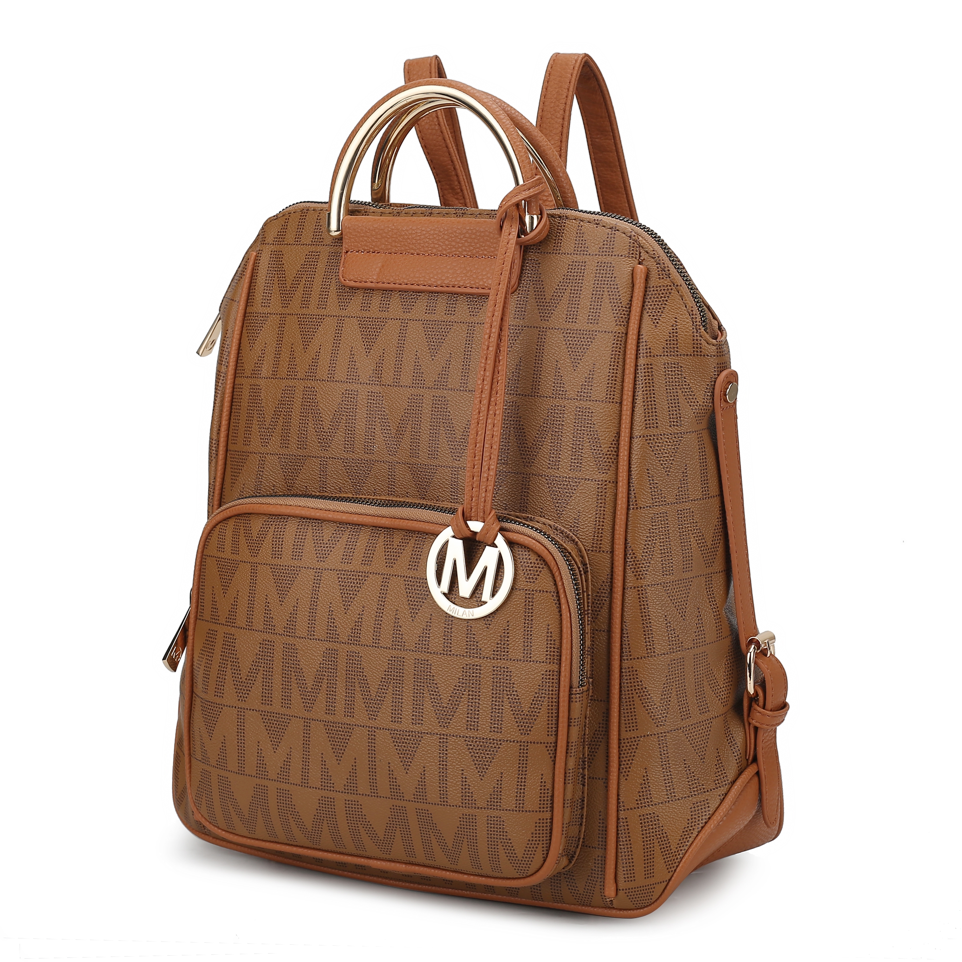 Tan leather backpack with an embossed \“M\“ pattern, featuring a front zip pocket and a gold circular emblem with an \“M.\“