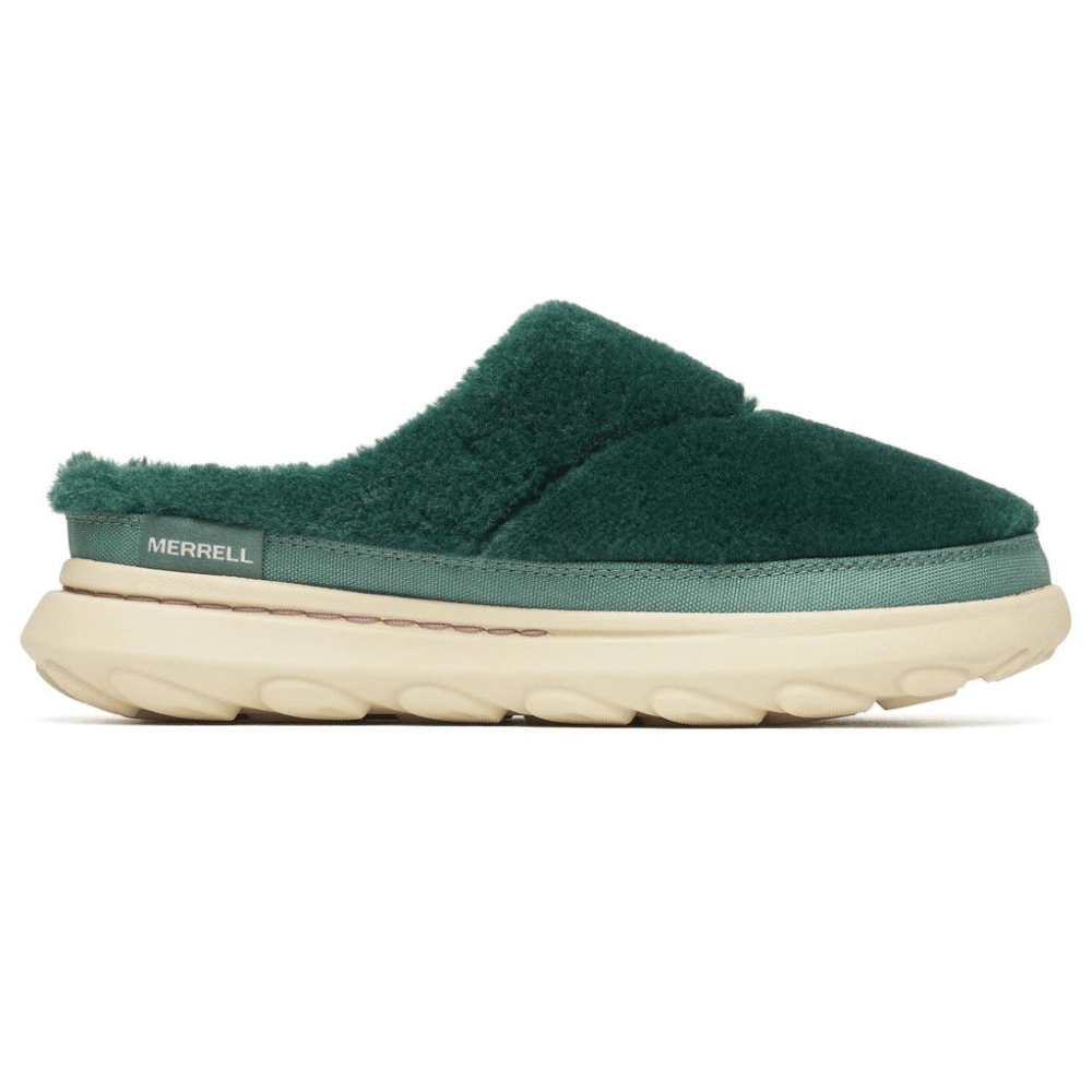 Green Merrell slip-on shoes with a fluffy upper and a cushioned, beige rubber sole.