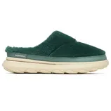 Green Merrell slip-on shoes with a fluffy upper and a cushioned, beige rubber sole.