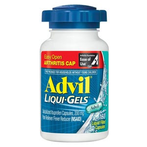 Advil Liqui-Gels are solubilized ibuprofen capsules (200 mg) used as pain relievers and fever reducers. The bottle features an Arthritis Foundation Ease of Use cap and contains 160 liquid-filled capsules, suitable for households without young children.