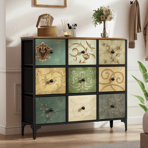A decorative cabinet with a vintage-style design features twelve drawers, each displaying ornate floral and scroll patterns in various muted colors.