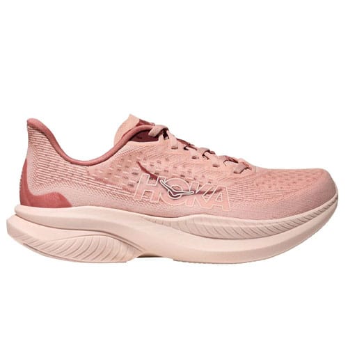 Pink Hoka running shoe with a thick, cushioned sole and breathable mesh upper.