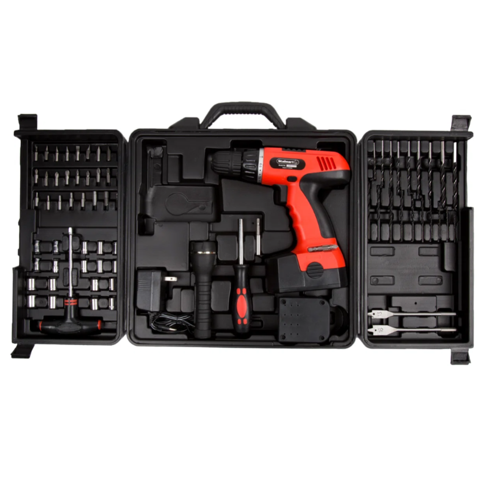A toolkit featuring a cordless drill, assorted drill bits, screwdrivers, a flashlight, charger, and various attachments organized in a black carrying case.