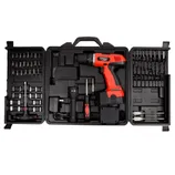 A toolkit featuring a cordless drill, assorted drill bits, screwdrivers, a flashlight, charger, and various attachments organized in a black carrying case.