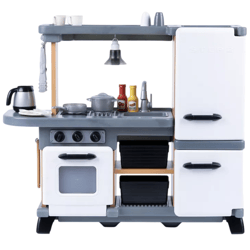 Toy kitchen set with a stove, oven, sink, and refrigerator, featuring accessories like a coffee pot, sauce bottles, and cookware.