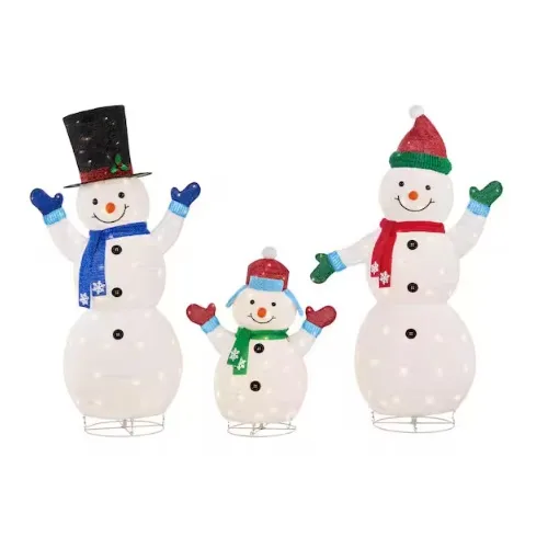Three LED snowmen in varying heights, each with festive accessories: a top hat, scarves, and earmuffs. They are posed with arms raised, and each snowman features a cheerful expression.