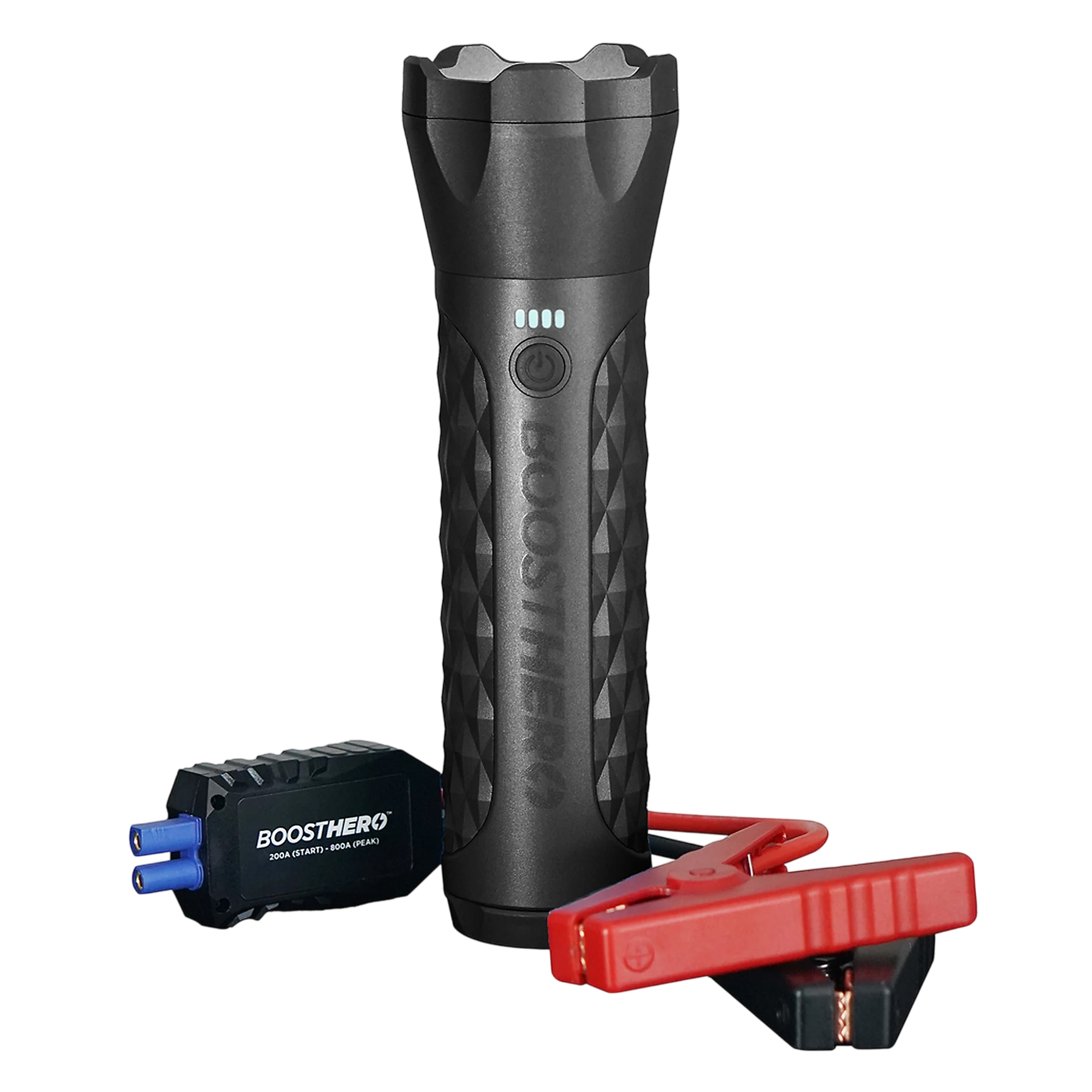 A portable car jump starter with flashlight, featuring a textured grip and indicator lights, accompanied by jumper cables and a connector.