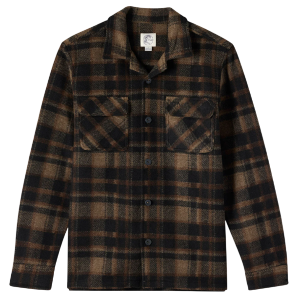 A brown and black plaid button-up shirt with a collar and two chest pockets.