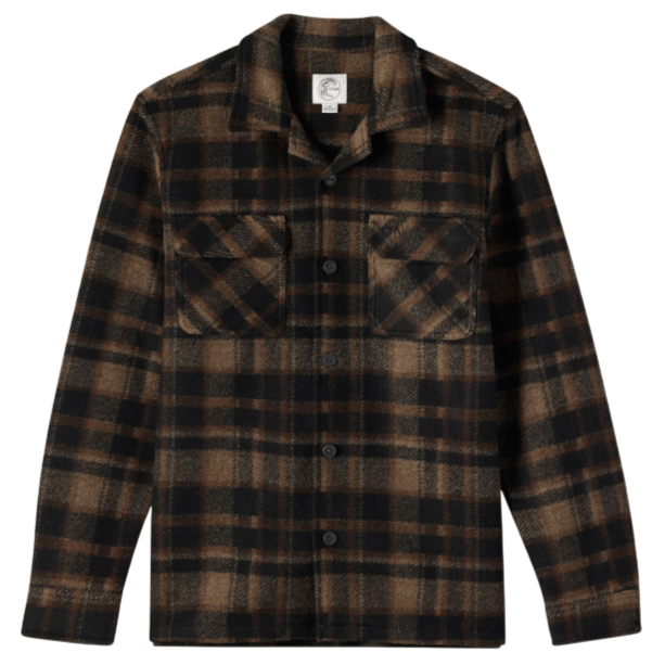 A brown and black plaid button-up shirt with a collar and two chest pockets.