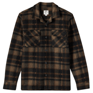 A brown and black plaid button-up shirt with a collar and two chest pockets.