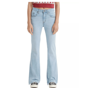 Light blue denim flare jeans with a high-waisted fit, classic five-pocket design, button and zipper closure, and slight distressed hem, paired with black-and-white sneakers.