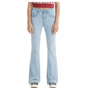 Light blue denim flare jeans with a high-waisted fit, classic five-pocket design, button and zipper closure, and slight distressed hem, paired with black-and-white sneakers.