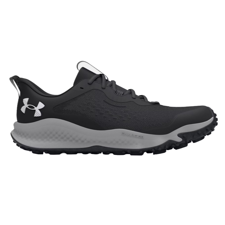 Black and gray Under Armour running shoe with a textured sole and the brand's logo on the side.