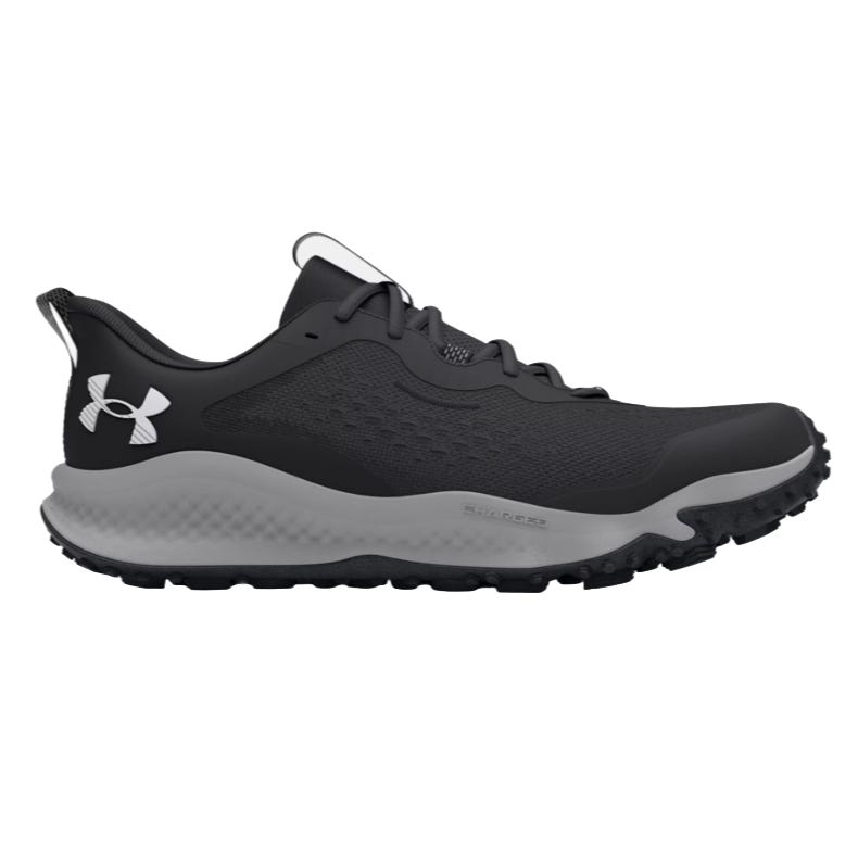 Black and gray Under Armour running shoe with a textured sole and the brand's logo on the side.