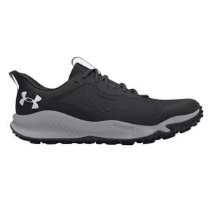 Black and gray Under Armour running shoe with a textured sole and the brand's logo on the side.