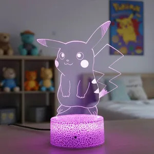 A glowing lamp featuring a clear acrylic cutout of a popular animated character on a textured, illuminated base. In the background, there are stuffed animals on shelves and a related poster on the wall.