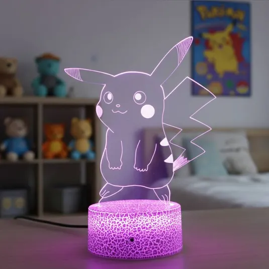 A glowing lamp featuring a clear acrylic cutout of a popular animated character on a textured, illuminated base. In the background, there are stuffed animals on shelves and a related poster on the wall.