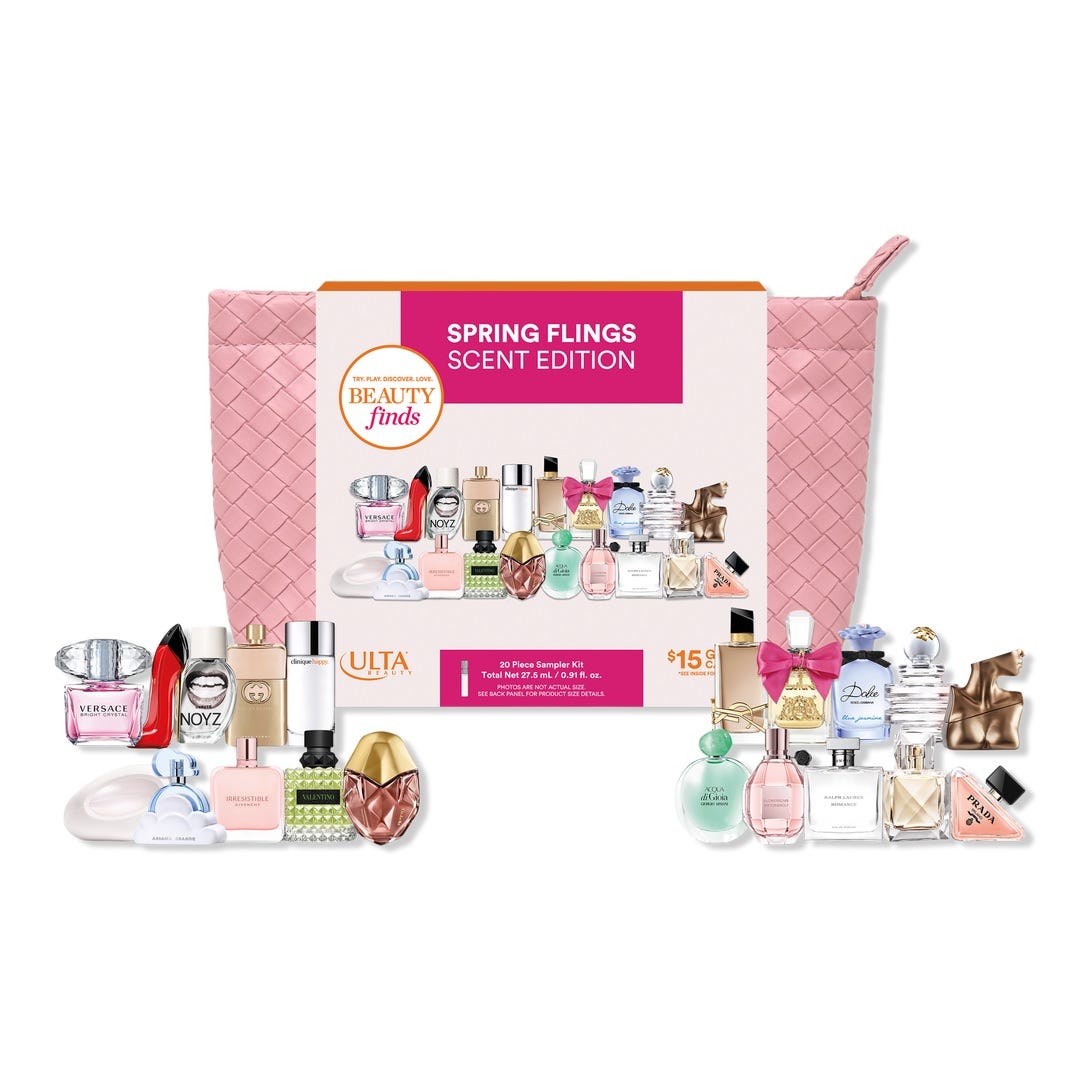 Ulta's Spring Flings Scent Edition Kit features a 20-piece sampler of various designer perfume miniatures, housed in a pink quilted bag. A $15 discount toward a full-size purchase is included.