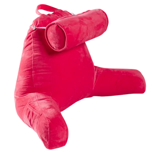 A red backrest pillow with a detachable headrest, featuring two armrests and a carry handle, designed for sitting support.
