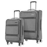 Two gray soft-shell suitcases with telescopic handles and four wheels, featuring a larger and a smaller size.