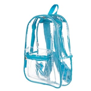 A clear backpack with turquoise trim and shoulder straps, featuring a front zippered pocket and a top loop handle.