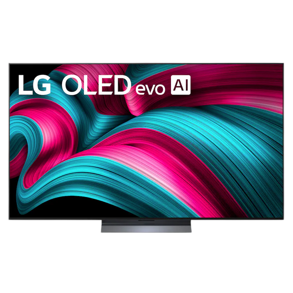 LG OLED evo AI television featuring vibrant pink and teal abstract design on the screen.