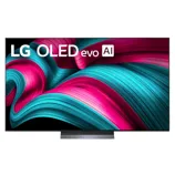 LG OLED evo AI television featuring vibrant pink and teal abstract design on the screen.
