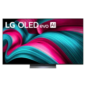 LG OLED evo AI television featuring vibrant pink and teal abstract design on the screen.