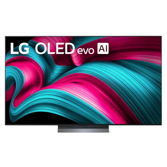 LG OLED evo AI television featuring vibrant pink and teal abstract design on the screen.