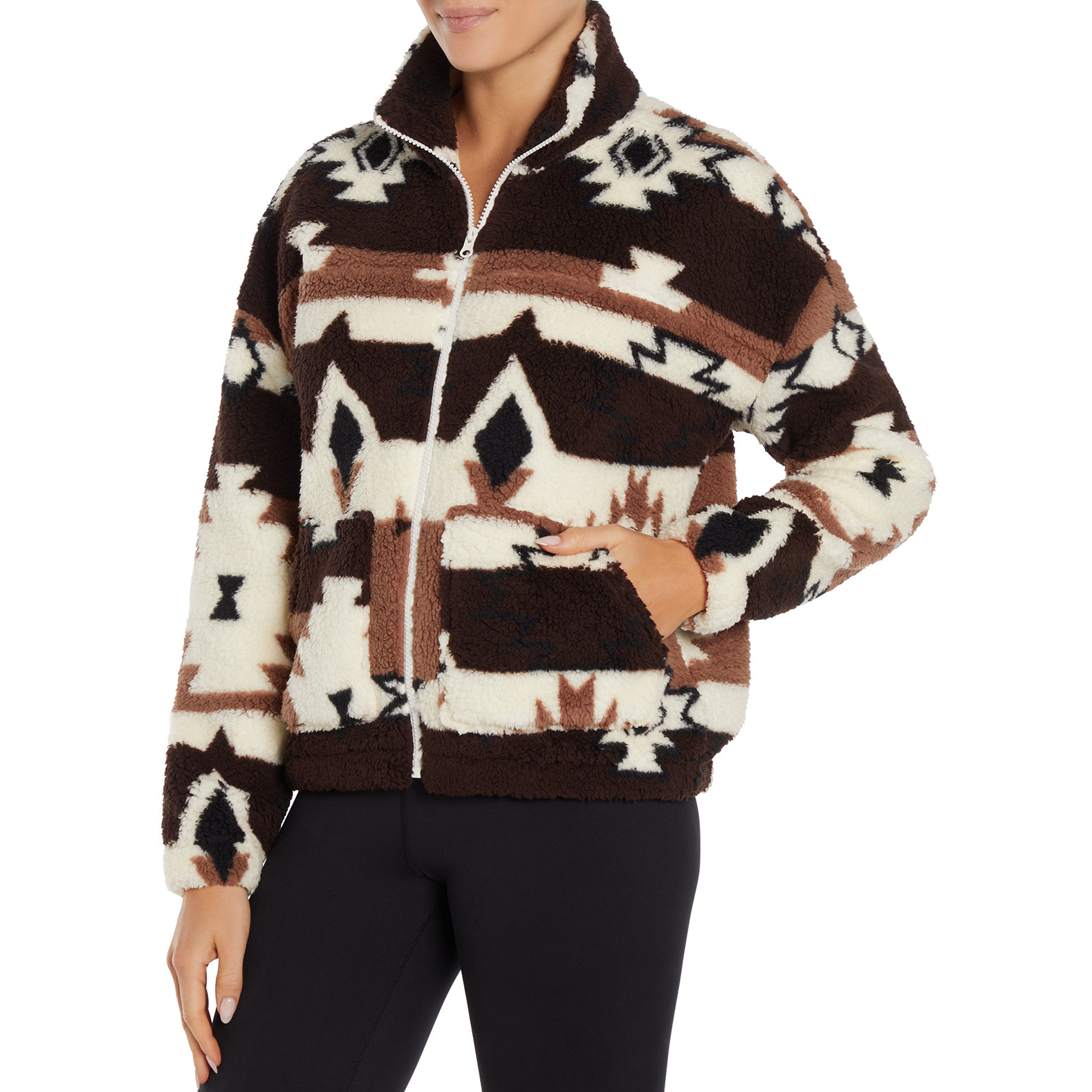 A plush sherpa jacket with a geometric pattern in brown, black, and white, featuring a zip-up front and stand-up collar.
