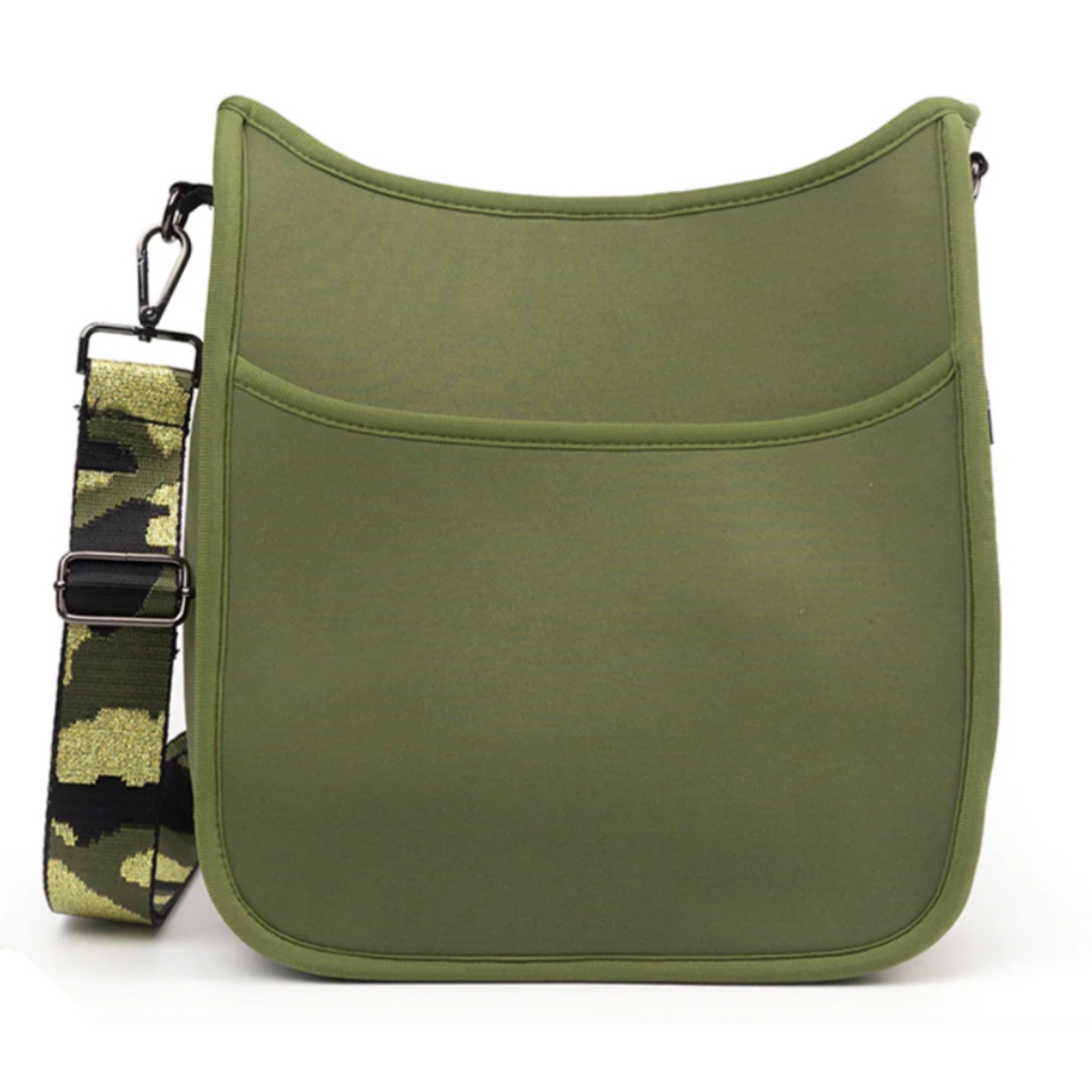 A green 12\“ neoprene messenger bag with a front pocket and a detachable camouflage-patterned strap.