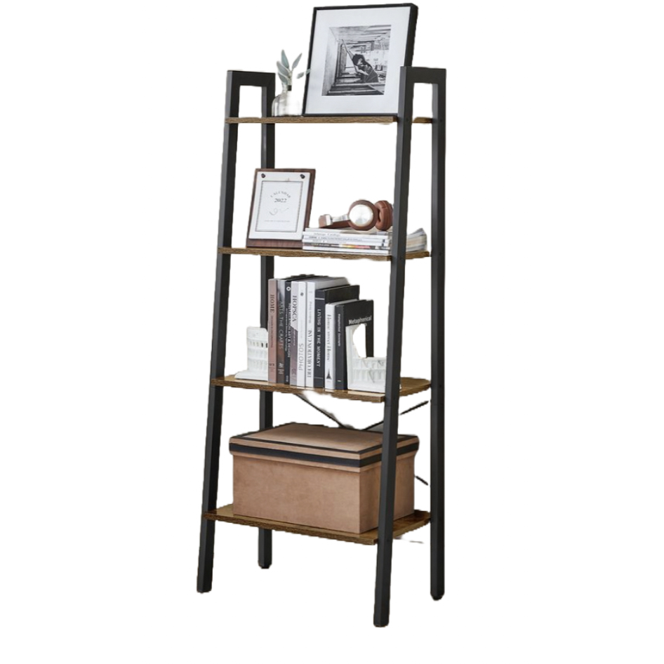 Black and wood four-tier ladder bookshelf featuring books, decorative items, and a storage box.