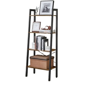 Black and wood four-tier ladder bookshelf featuring books, decorative items, and a storage box.