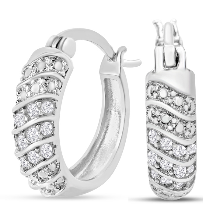 Pair of elegant hoop earrings crafted in silver, featuring a wave design adorned with 1/4 carat of sparkling diamonds, secured with a latch back closure.