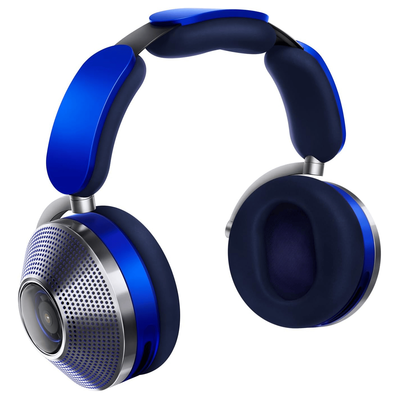 Blue over-ear headphones with metallic accents and a unique design featuring a perforated outer ear cup and a visible central component.
