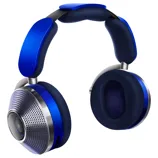 Blue over-ear headphones with metallic accents and a unique design featuring a perforated outer ear cup and a visible central component.