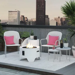 Two white outdoor chairs with pink cushions, a white fire pit, and a small white table set on a rooftop patio.