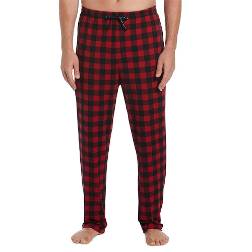 Men's Perry Ellis pajama pants featuring a red and black checkered pattern, with a drawstring waistband for an adjustable fit, made from a soft, comfortable fabric.