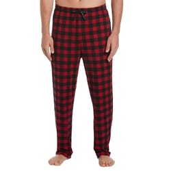 Men's Perry Ellis pajama pants featuring a red and black checkered pattern, with a drawstring waistband for an adjustable fit, made from a soft, comfortable fabric.