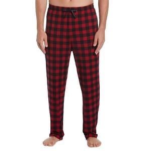 Men's Perry Ellis pajama pants featuring a red and black checkered pattern, with a drawstring waistband for an adjustable fit, made from a soft, comfortable fabric.