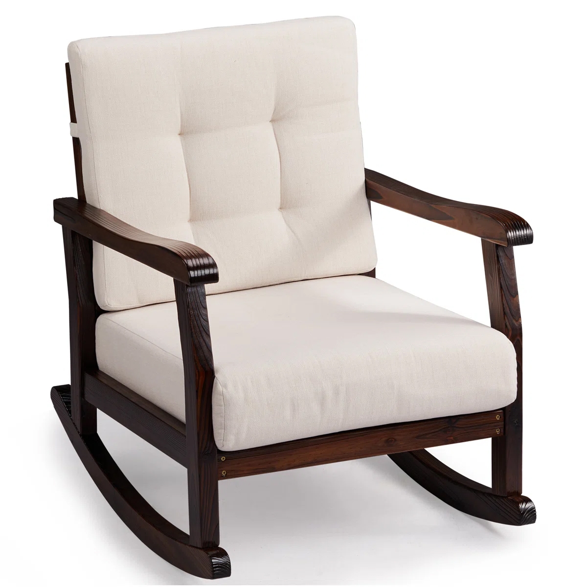 A cushioned wooden rocking chair with dark wooden frame and light-colored upholstery, featuring a tufted backrest and wide armrests.