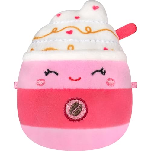 A cute pink and white plush toy resembling a dessert cup with smiling face, heart and swirl designs, and a coffee bean emblem.