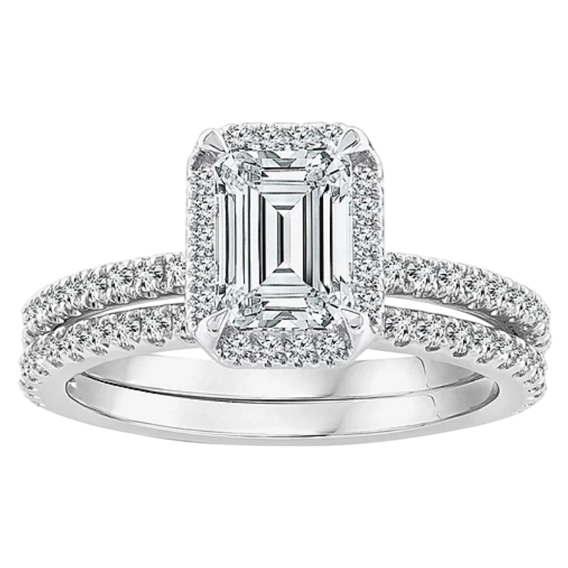A diamond ring set featuring an emerald-cut center diamond with a halo of smaller diamonds and a matching diamond pavé band in white gold.