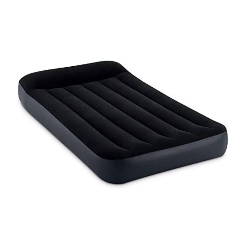 An inflatable air mattress with a black top and side, featuring a ribbed design for added comfort.