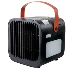 A compact black humidifying space heater with a front grill, side controls, and a red carrying strap designed for portable use.