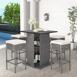 A wicker outdoor bar set with a high table and storage shelves, accompanied by two bar stools with light cushions.