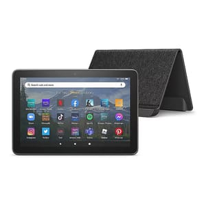 Tablet with a black bezel, displayed screen with apps, and a separate textured folding stand.